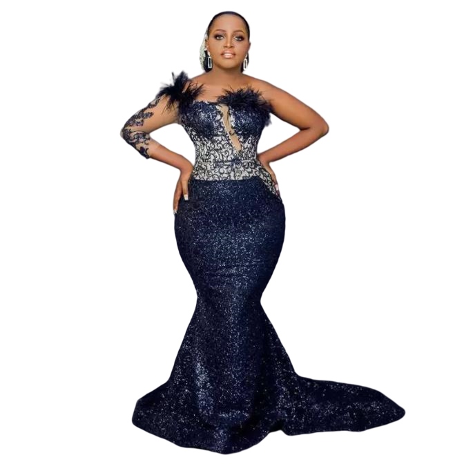 Glitter Feather Navy Blue Mermaid Evening Dresses plus size african aso ebi Appliques Sequined Prom Dress One Shoulder Trumpet Robe De Soriee