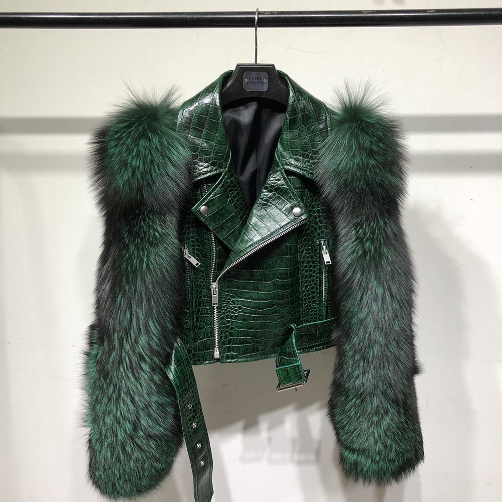 YOLOAgain Women Real Silver Fox Fur Sleeve Crocodile Pattern Genunie Leather Jacket Short 201224