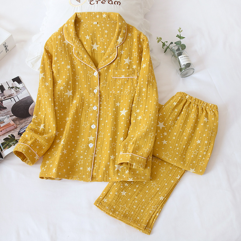 Women's Nightwear Twopiece Star Pattern Crepe Suit Cotton Lapel Longsleeved Trousers Casual Home Wear Women's Pajama Pants T200429
