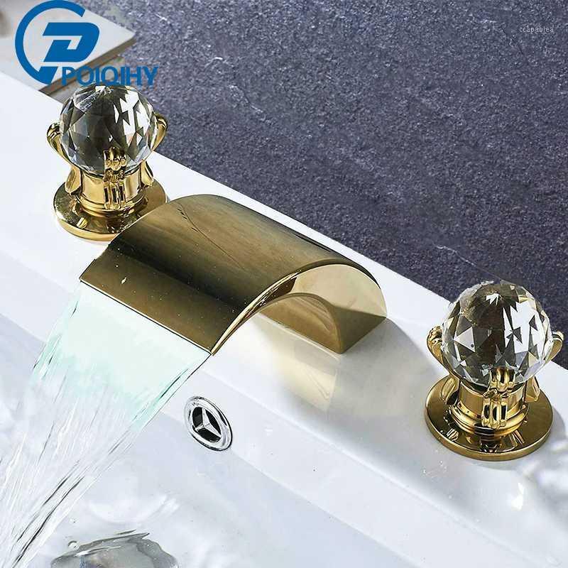 

Gold 3PCS Basin Faucet LED Waterfall Spout Nickel Bathroom Faucets Deck Mounted Dual Handle three Holes Mixer tap Crystal Handle1