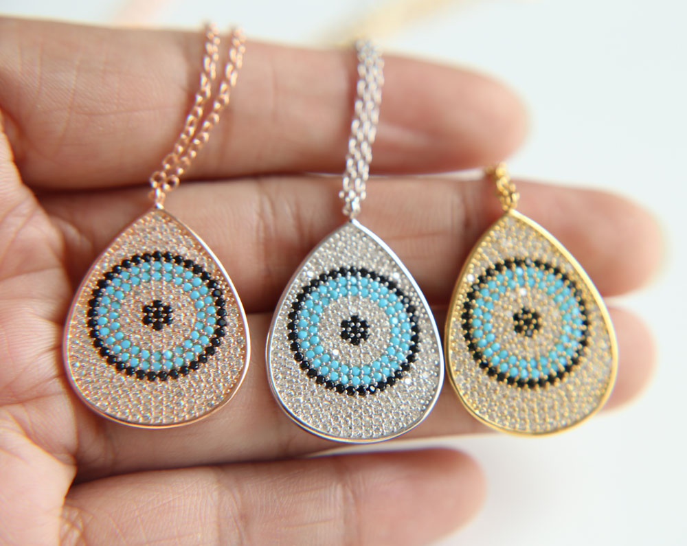 Big eye Charm summer Necklaces Gold Color cz paved round eye Rhinestone Pendant & Chain Men/Women wedding Jewelry