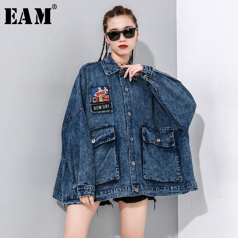 EAM Loose Fit Blue Denim Split Joint Oversized Big Size Jacket Lapel Long Sleeve Women Coat Fashion Spring 1N897 201017