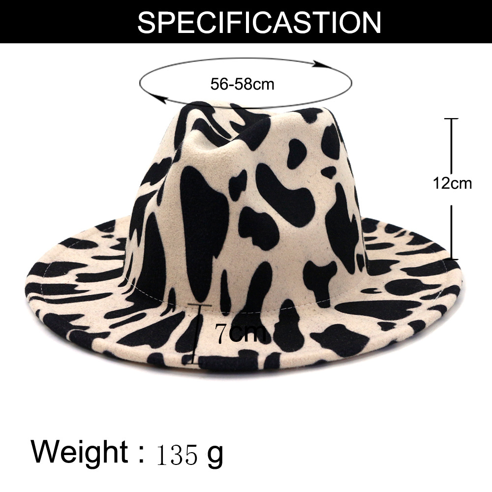 European US British Style Cow Print Jazz Felt Hat Faux Wool Fedora Hats Women Men Wide Brim Panama Party Formal Hat