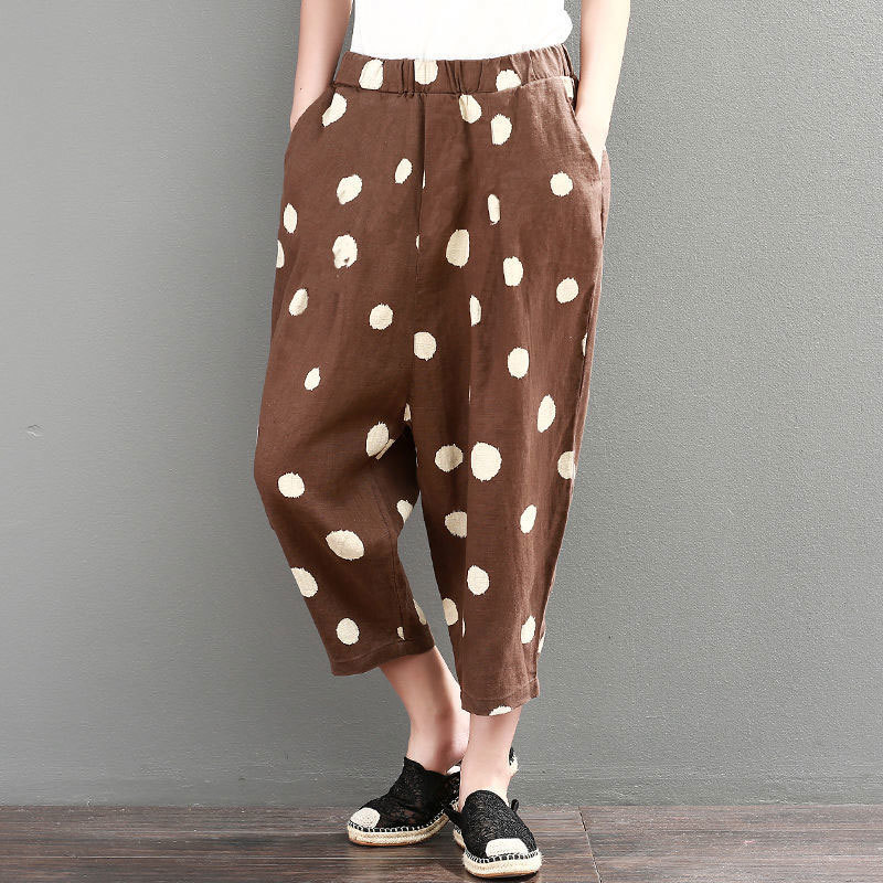 90% Cotton Vintage Loose Harem Pants Spring Summer Dot Print Elastic Waist Casual Cotton Linen Ankle-length Pants Plus Size D69 201228
