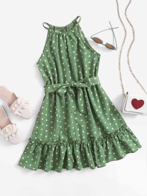 Girls Polka Dot Frill Trim Belted Dress SHE