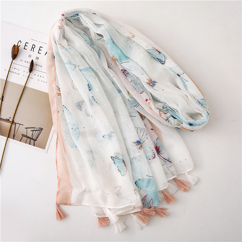 spring summer and autumn new butterfly sequins printed cotton and linen air conditioning sunscreen shawl scarf dualuse