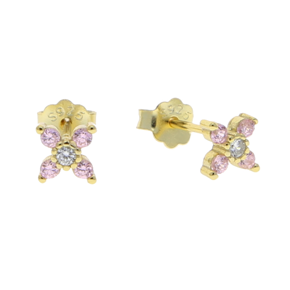 Real 925 sterling silver mini butterfly stud earring with pink white cz paved gold color tiny animals wedding stud earring bulk