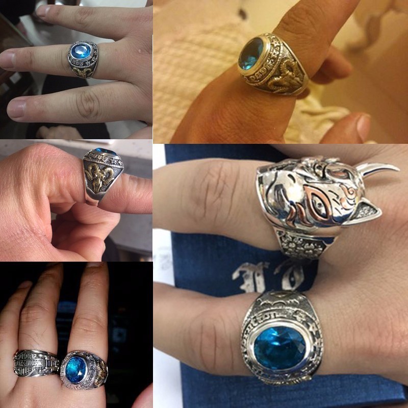 ZABRA 925 Silver Blue Zircon Men Ring Vintage Stone Punk Rock Gold Sheep Head Thai Handmade Women Rings Sterling Silver Jewelry 201112