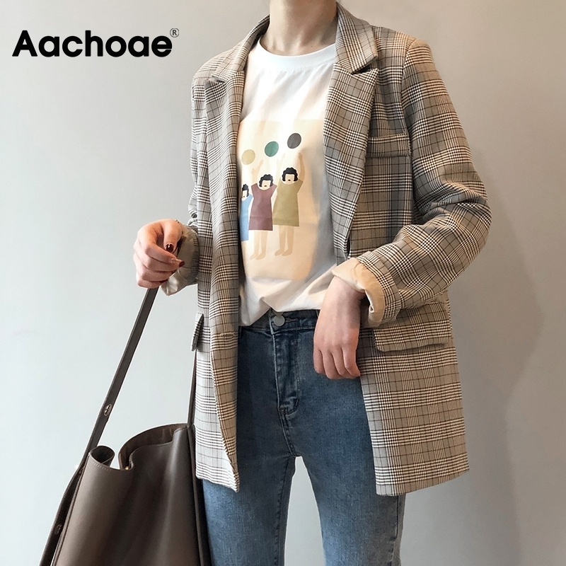 Aachoae Korean Style Chic Plaid Blazer Women Office Wear Long Sleeve Female Jacket Vintage Loose Pockets Double Breasted Coat 201114