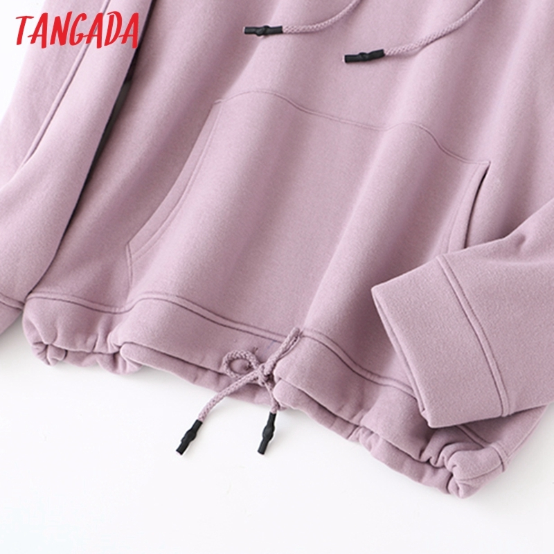 Tangada autumn winter women lavender cotton fleece hoodie sweatshirts ladies oversized pullovers pocket hooded tops SD62 201008