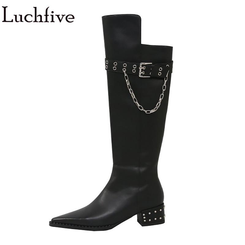 Sexy Chains Knee High Boots Rivets Chunky Heels Shoes Woman Pointy Toe Long Boots Buckle Belt Black Zapatos Mujer
Sexy Chains Knee High Boots Rivets Chunky Heels Shoes Woman Pointy Toe Long Boots Buckle Belt Black Zapatos Mujer