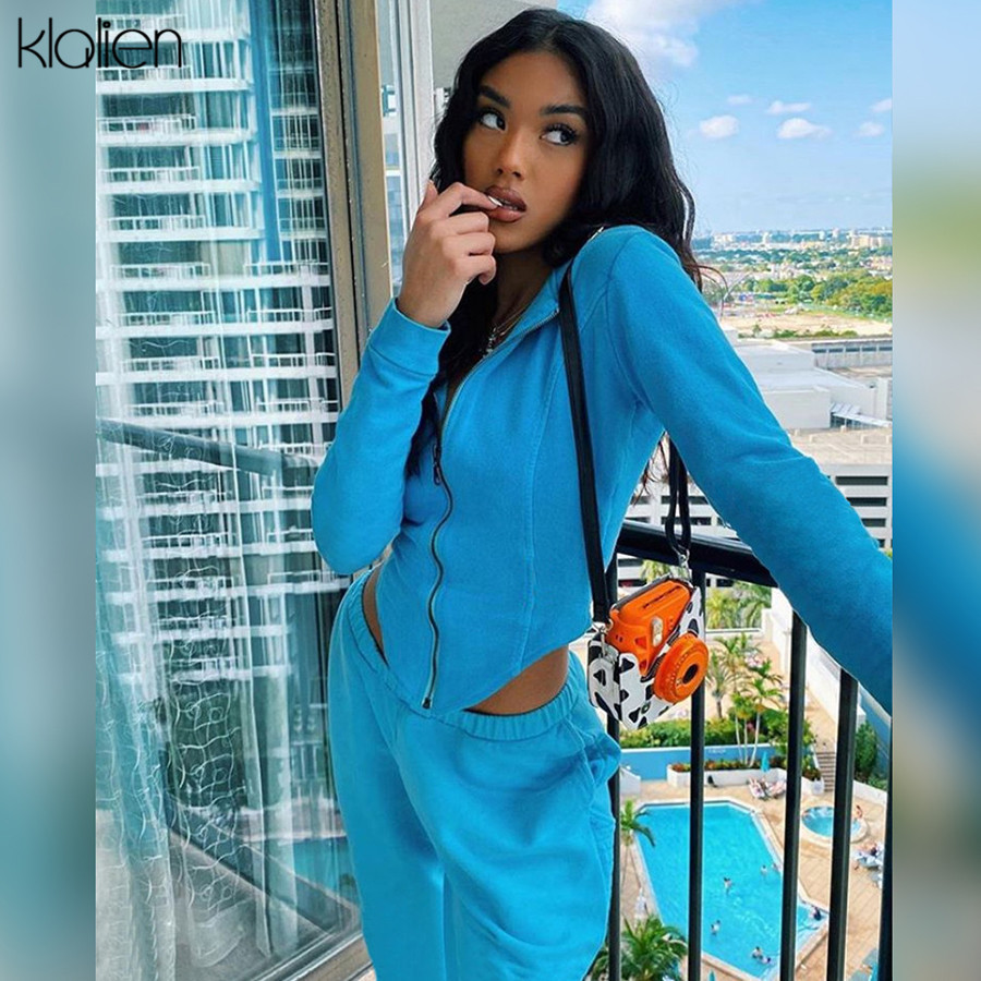 KLALIEN casual street sports style zipper hoodie and pant two piece set women tracksuit fitness female outfit high quality 201119