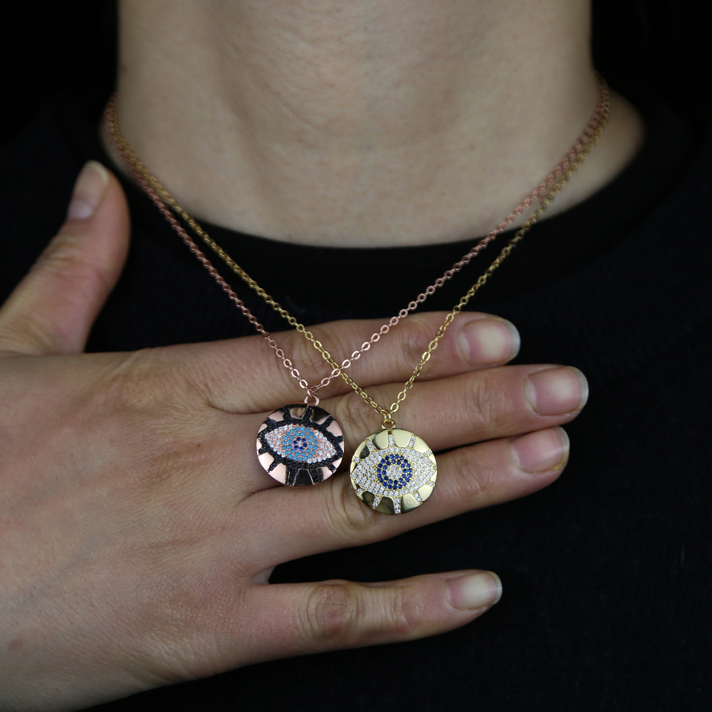 Promotion Rose Gold Geometric Trendy Lady Jewelry Engraved CZ Lucky Turkish Evil Eye Charm Round Coin Pendant Necklace wholesale