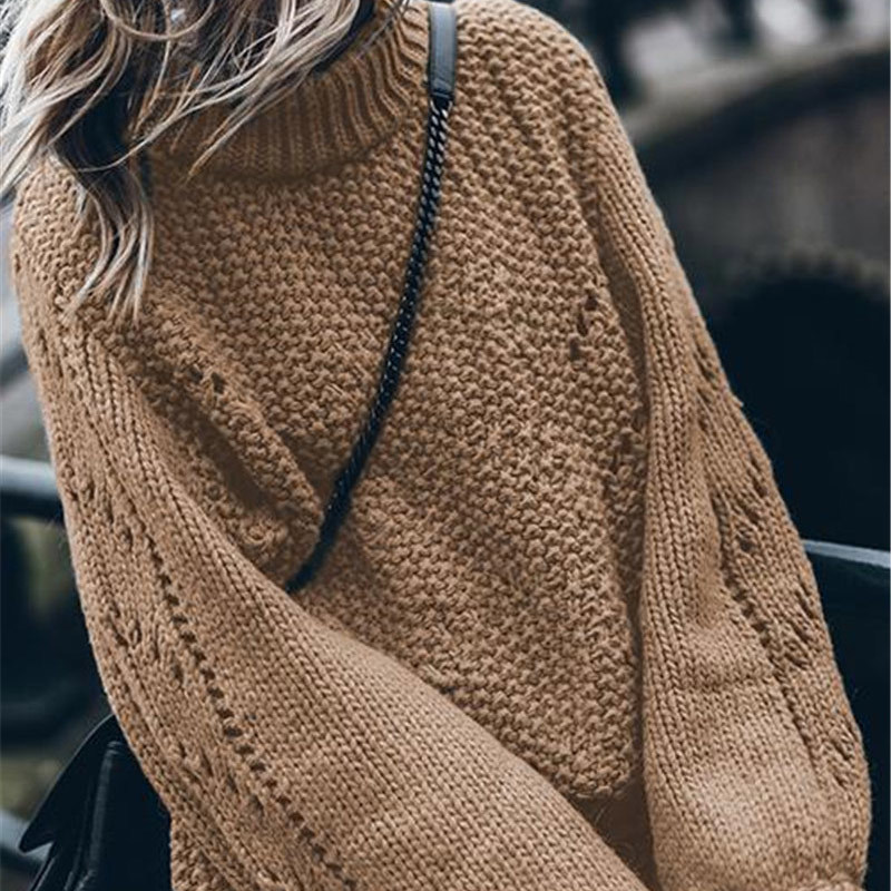 Turtleneck Hollow Out Knit Women's Sweater Pullover Winter Solid Lantern Sleeve Jumper For Women Crochet Female Sweaters 201017