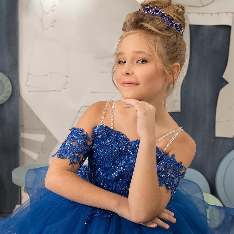 Blue Puffy Flower Girl Dresses for Wedding Bead Spaghetti Strap Kids Formal Wear Ruffles Tier Tulle First Communion Dress 0516