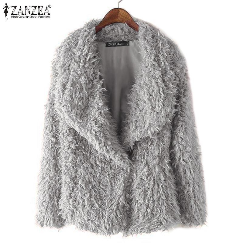 Women's Fluffy Fur Coats Winter Outerwears 2019 ZANZEA Casual Lapel Single Button Jackets Autumn Female Long Sleeve Windbreakers T200111