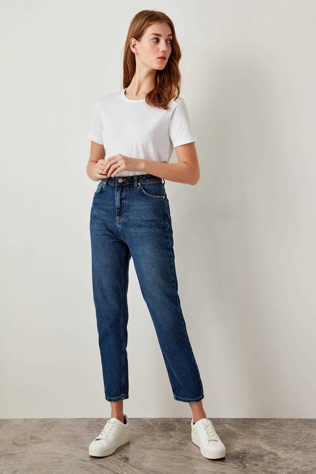 Trendyol Blue High Waist Mom 80s Jeans Casual Straight-led Denim for Ladies T200103