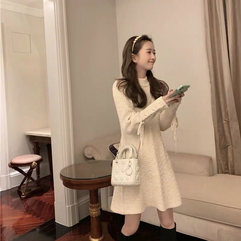 Elegant Korean Lady Office Dress Lace Up Long Sleeve Knitting Sweater Dresses Winter O-neck Mini Vestidoes Female Streetwear 201125