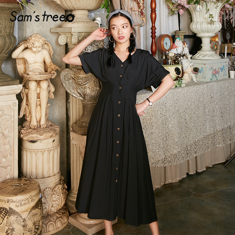 SAM'S TREE Black Solid Chic Single Button Casual Women Dresses Summer Vintage Yellow Short Sleeve Korean Ladies Party Dress T200619