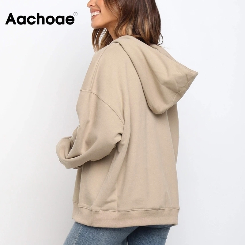 Aachoae Casual Solid Pullover Hoodies Sweatshirts Women Batwing Long Sleeve Loose Base Tops Lady Office Wear Hooded Hoodie 201204