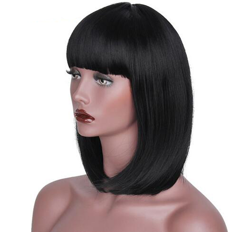 Natural Women Pixie Bob Cut Wigs Short Straight Black Synthetic Hair Wig