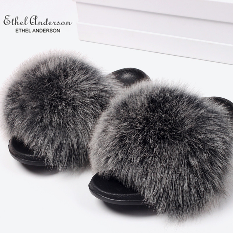 ETHEL ANDERSON Real Fox Raccoon Fur Slippers Slides Lady Retro Summer Flip Flops Casual Fluffy Fur Sandals Plush Shoes LJ200903