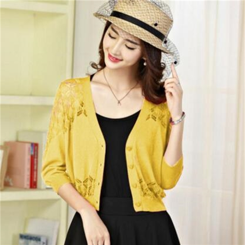 Ladies Short Cardigan V Neck Half Sleeve Cotton Cropped Cardigan Sweaters Thin Coat Feminino Spring Knitwear For Women 201223