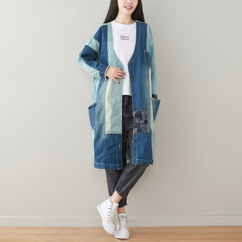 Women Patchwork Denim Trench Coat Outerwear Ladies Single Breasted Spliced Overcoat Female 2020 Vintage washed Long Coat, Blue
Women Patchwork Denim Trench Coat Outerwear Ladies Single Breasted Spliced Overcoat Female 2020 Vintage washed Long Coat, Blue