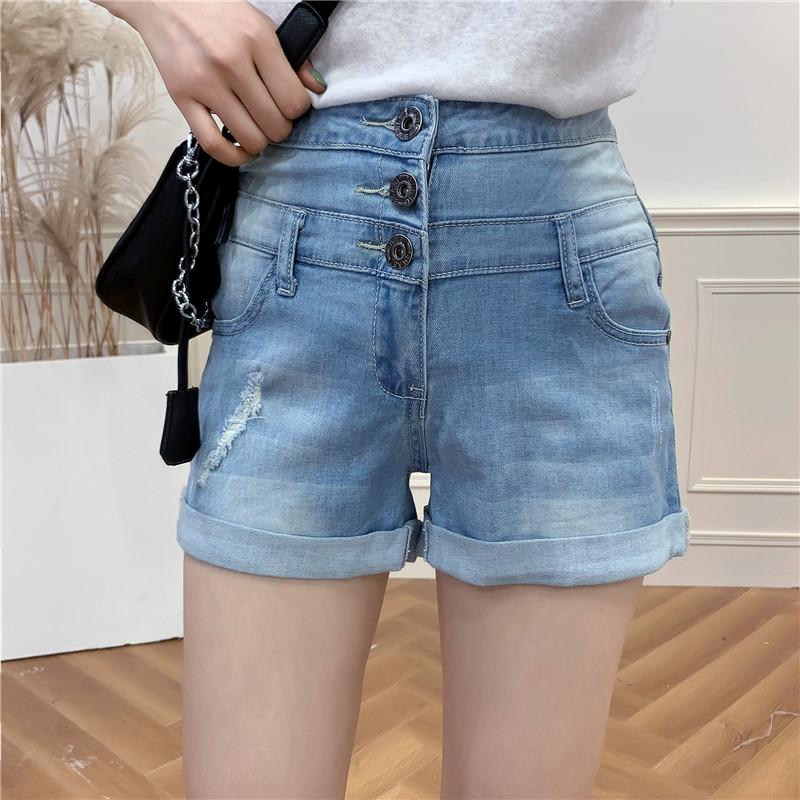 High waist summer women fashion straight water wash hem rolled-up denim bottom female trendy ripped jean casual shorts, Light blue 
High waist summer women fashion straight water wash hem rolled-up denim bottom female trendy ripped jean casual shorts, Light blue