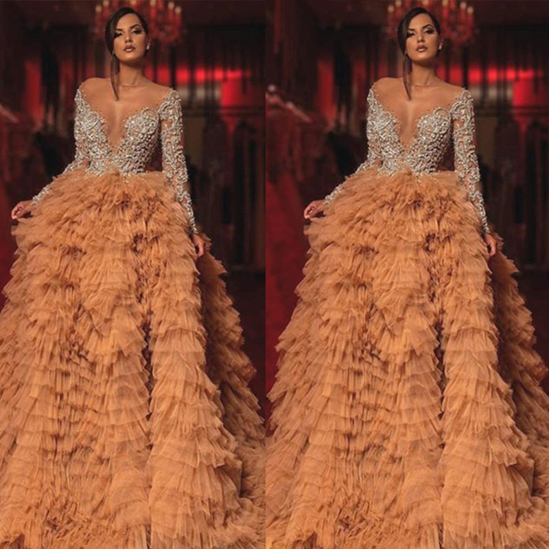 Luxury Champagne Tulle Evening Dress Full Sleeves Sexy Sparkle Crystal Beaded Lace A-line Party Gowns