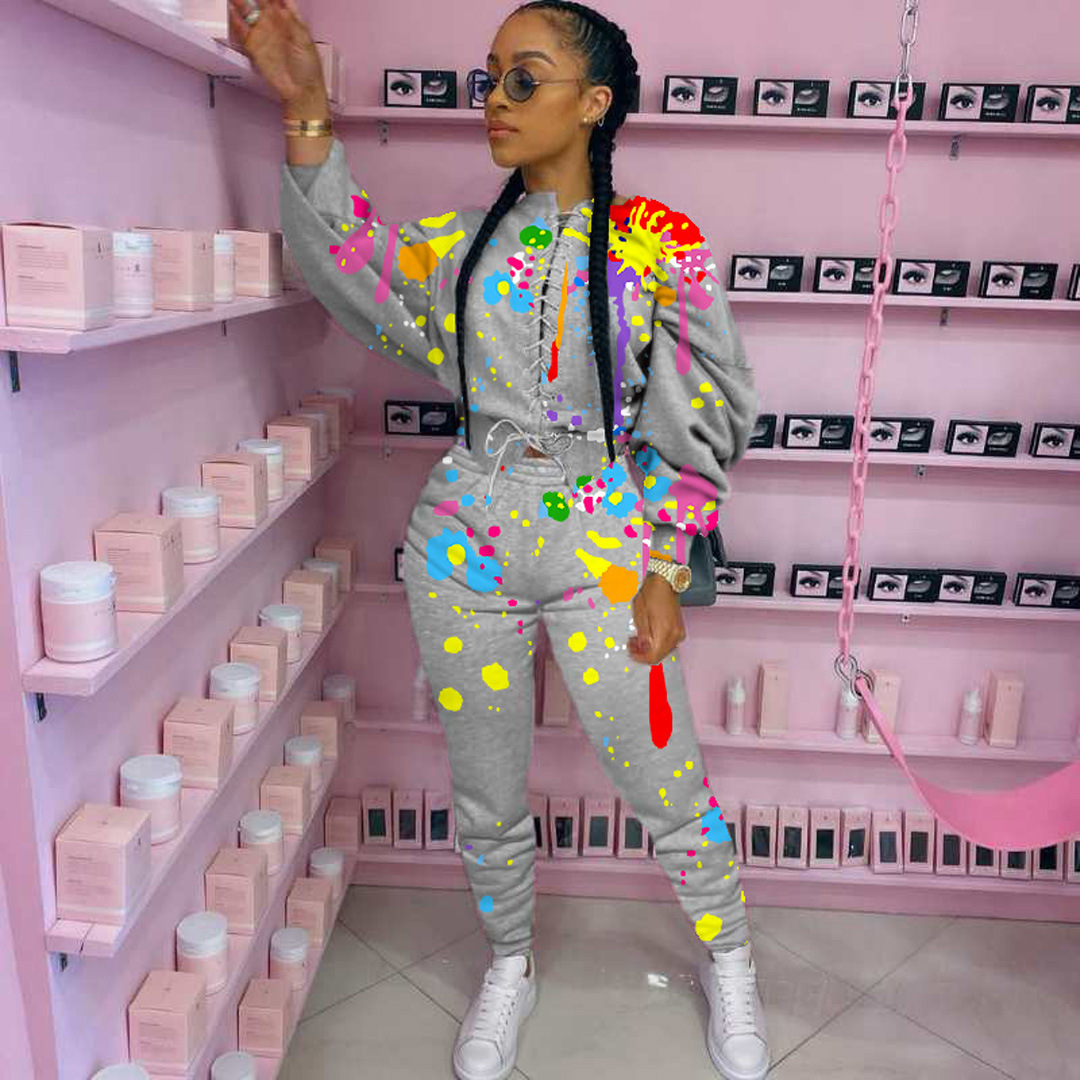 Women's Two Piece Pants European and American women's fashion lace-up graffiti printed sweater two-piece suit