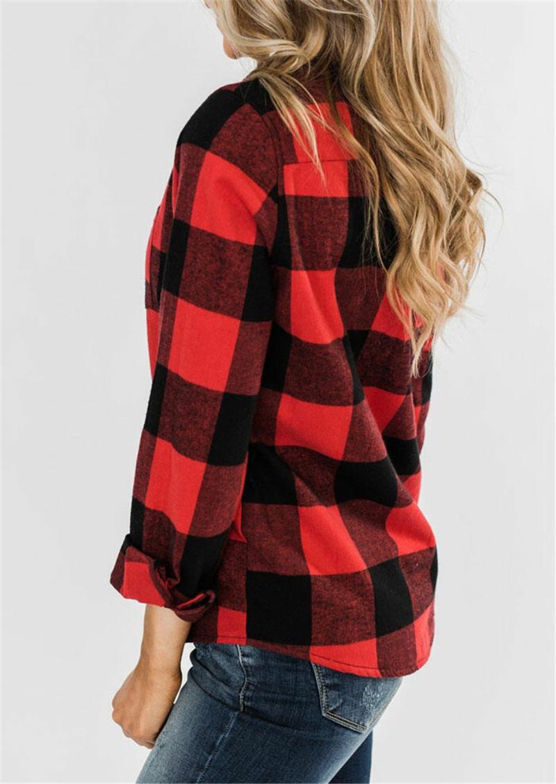 Red Plaid Coat Woman Pocket Zipper Jacket Casual Long Sleeve Top Fashion Turn-down Collar Coat Women Jacket mujer chaqueta