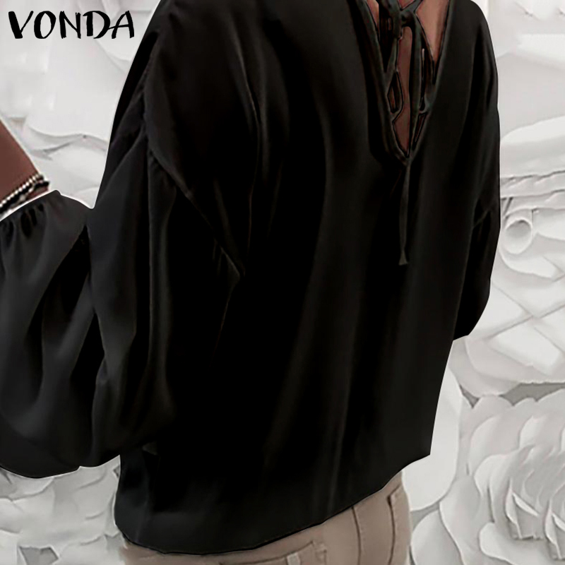 VONDA Women Blouses 2019 Sexy V Neck Lace Crochet Shirts Long Lantern Sleeve Hollow Out Tops Casual Loose Plus Size Blouse T200321