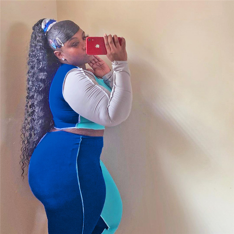 new Plus size 3X 4X Women fall winter designer bigger size clothing two piece set panelled outfits long sleeve sweatshirt crop top+pants 3957