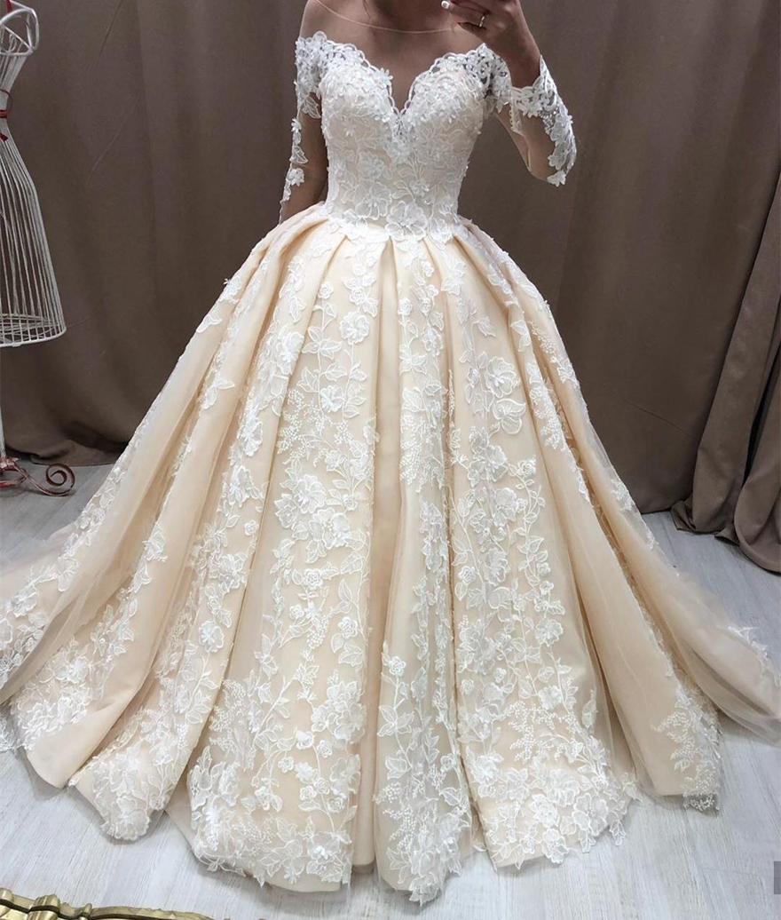 Custom Long Sleeves Lace Ball Gown Wedding Dresses 2021 with Appliques Scoop Neck Court Train Tulle Bridal Gowns Plus Size, Ivory
Custom Long Sleeves Lace Ball Gown Wedding Dresses 2021 with Appliques Scoop Neck Court Train Tulle Bridal Gowns Plus Size, Ivory