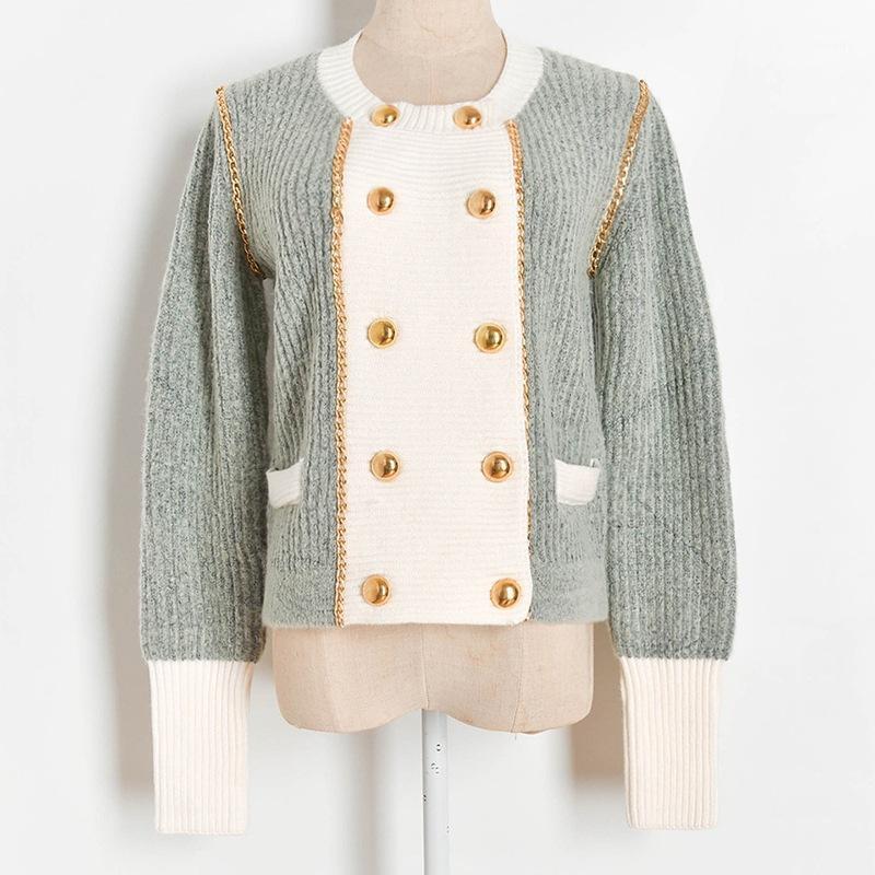 Women Fashion Stitching Contrast color Chain Double breasted Knit Sweater Autumn Casual Long sleeve Knitted Cardigan Coat Female1, Grey
Women Fashion Stitching Contrast color Chain Double breasted Knit Sweater Autumn Casual Long sleeve Knitted Cardigan Coat Female1, Grey