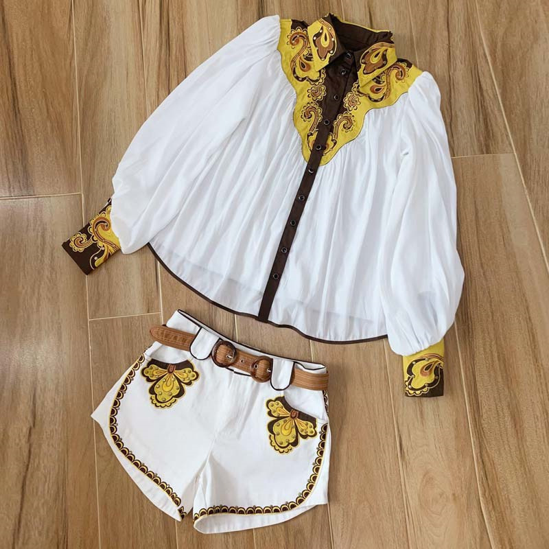 Miao Qing Summer Vintage Embroidery Women Two Piece Set Turndown Collar Outfit Long Lantern Sleeve Top And Short 2piece T200325