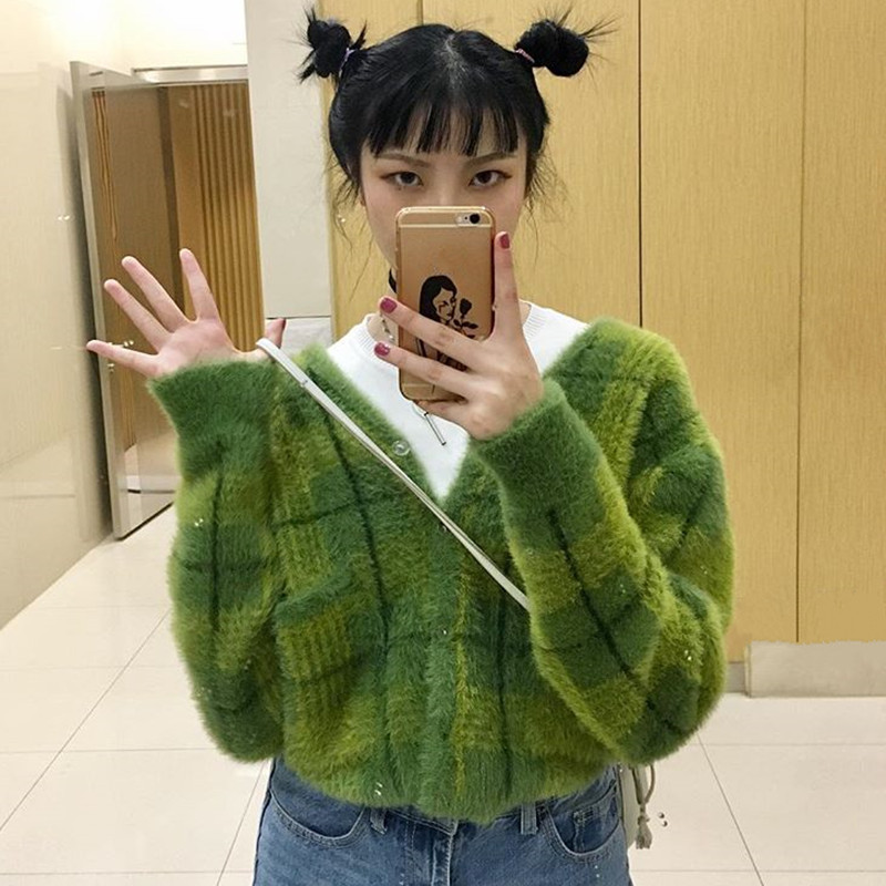 Vintage Synthetic Mink Cashmere Sweater Women Harajuku Lazy Oaf V-Neck Single-breasted Ladies Fluffy Plaid Knitted Cardigan Y200930