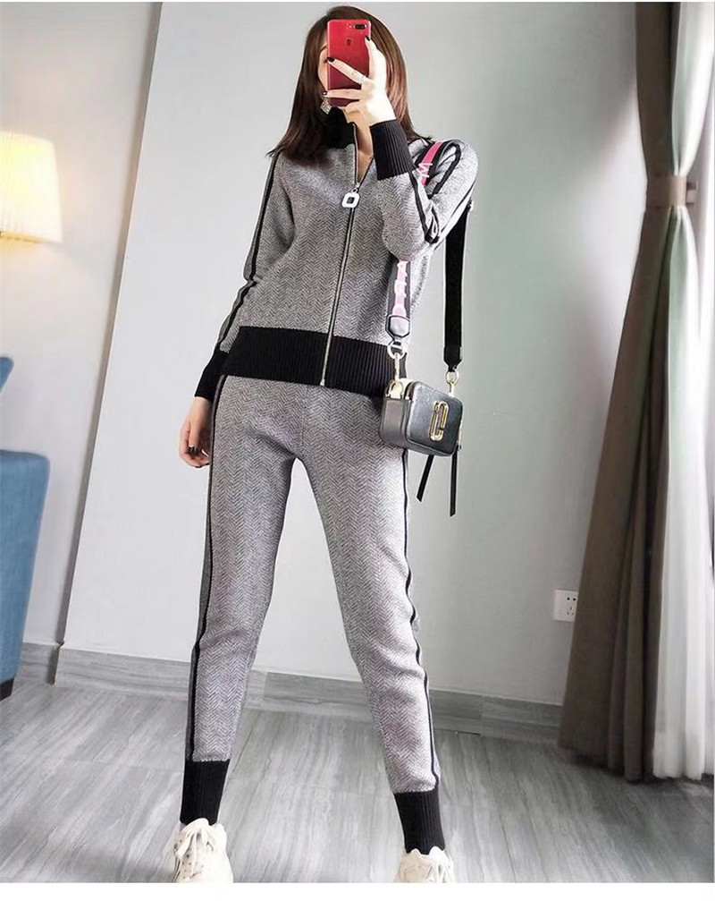 women tracksuit patchwork turtleneck zipper knitted cardigans sweater pants suit 2 piece set trousers elastic P570 T200118