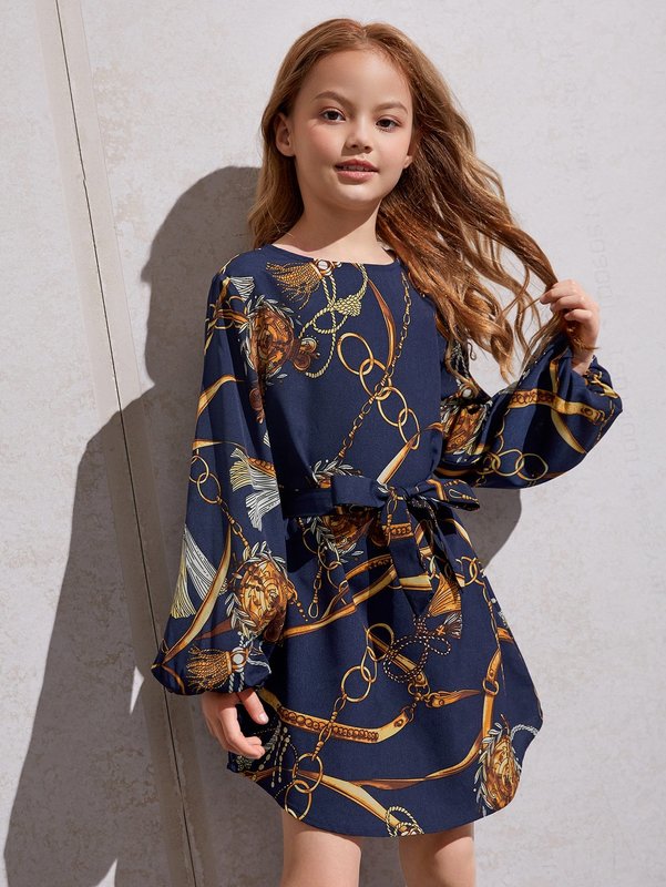 Girls Chain Print Lantern Sleeve Belted Dress SHE