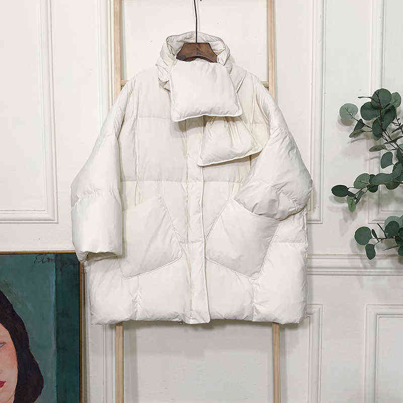 Winter Jacket Women Solid With Scarf Warm Female 90%White Duck Down Jacket Down Coat Loose Oversized Womens Long Down Parka 211221wtt