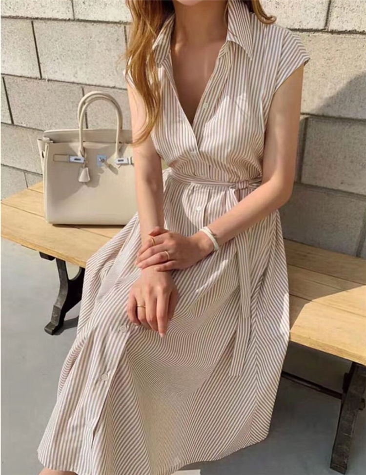 Colorfaith New Women Summer Shirt Dress 3 Colors Casual Sleeveless Striped Loose Lace Up Cotton and Linen Long Dress DR6970 T200603