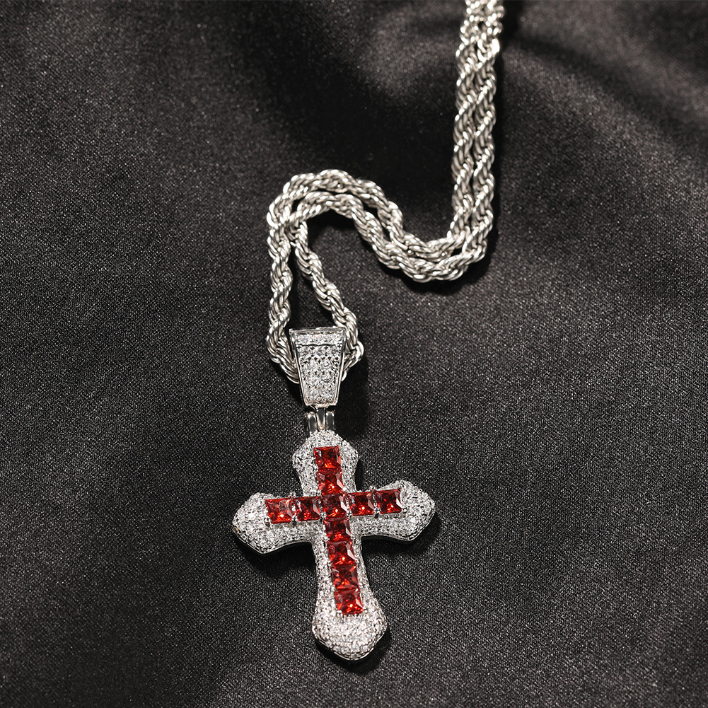 Blue Red Moissanite Cross Fashion Mens Gold Necklace Hip Hop Iced Out Pendant Necklaces Jewelry
