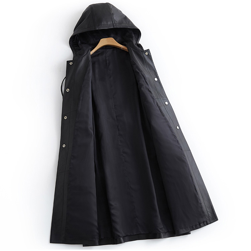 Lautaro Black long leather trench coat women with hood long sleeve belt 6xl 7xl plus size women spring autumn pu leather jacket 201226