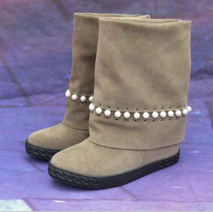 Cow Suede Boots Women Mid-Calf Bota Feminina Pearl Botas Mujer Wedges Shoes For Women Cozy Botines Mujer 2020 Zapatos De, As pic