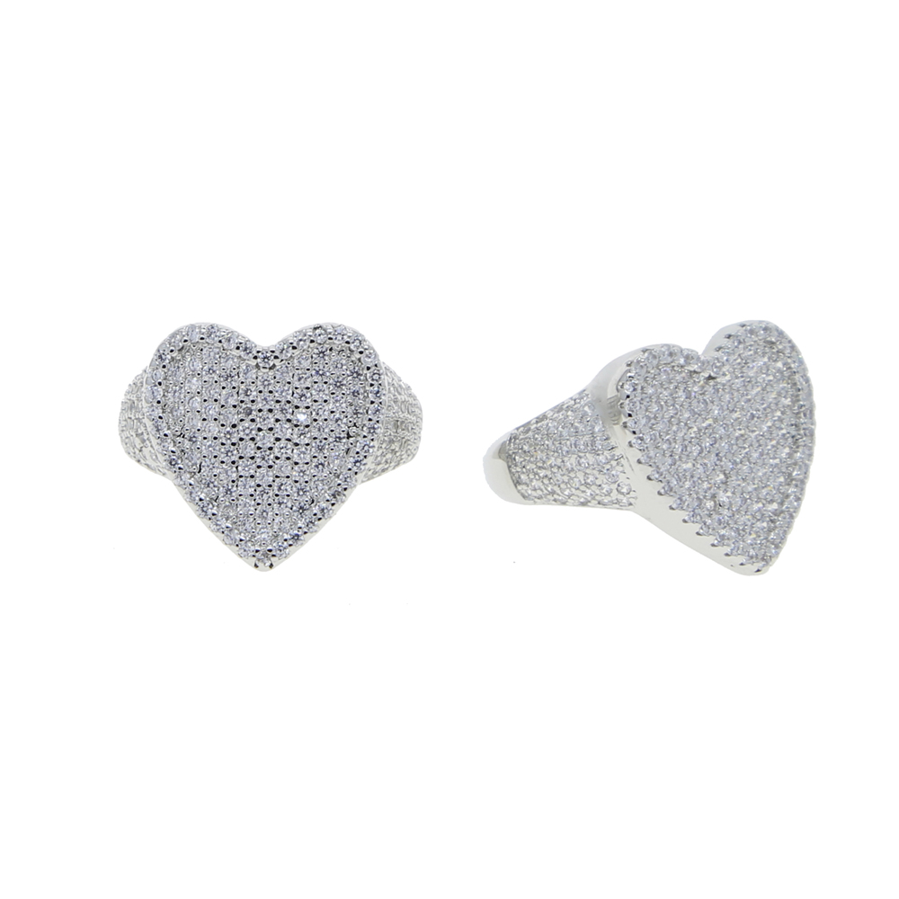 Drop Ship Bling Full Cubic Zircon Silver Color Ring Iced Out Micro Pave 5A Cz Heart Lovely Hip Hop Punk Rap Women Jewelry