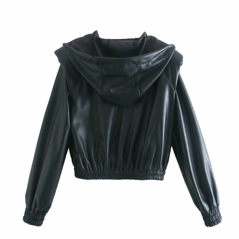 Women Shoulder Pads PU Leather Hoodie Short Coat Female Long Sleeve Outerwear Casual Lady Loose Tops C992 201029