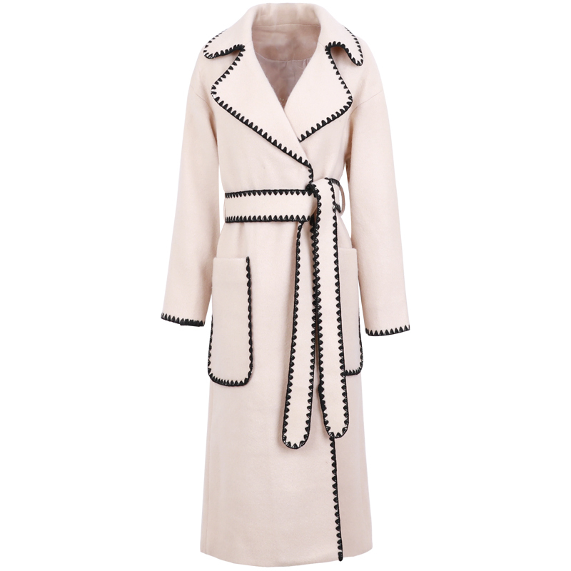 EWQ Autumn Winter Style Lapel Long Sleeve White Patchwork Adjustable Waist Woolen Coat Vintage Fashoin AH13411M 201222