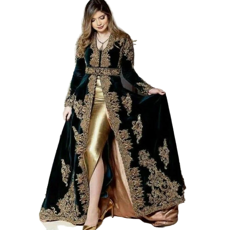 Moroccan Kaftan Elkadi Algerian A Line Velvet Evening Dresses Split Gold Appliques Lace Muslim Prom Formal Gowns Dubai Arabic Women Party Dress Long S