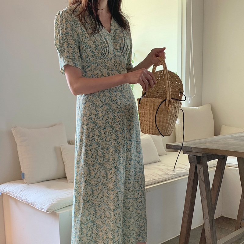 SHENGPALAE Summer Women Vintage Loose High Waist Slim Was Thin Elegant Small Floral V-neck Puff Sleeve Maxi Dress ZA4584 T200613